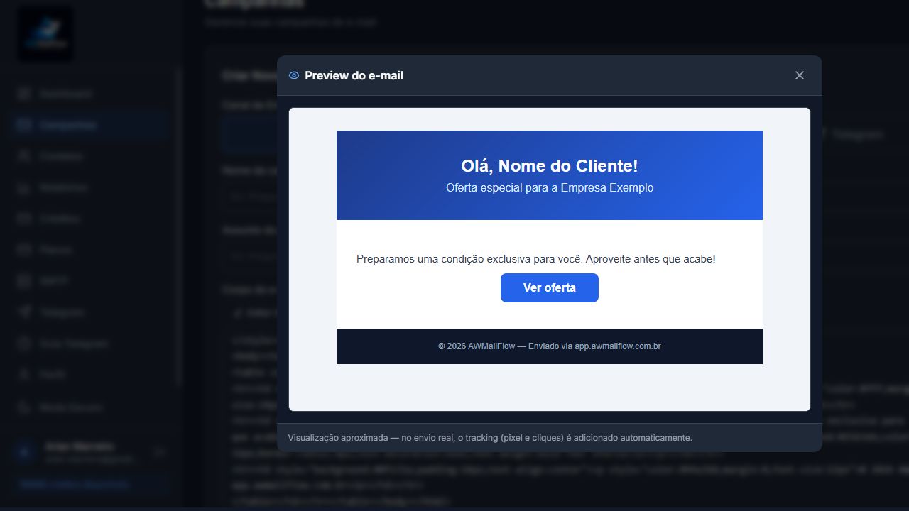 Editor com HTML e preview do AWMailFlow